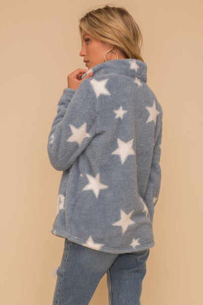 Star Print Fleece Jacket: Dusty Blue