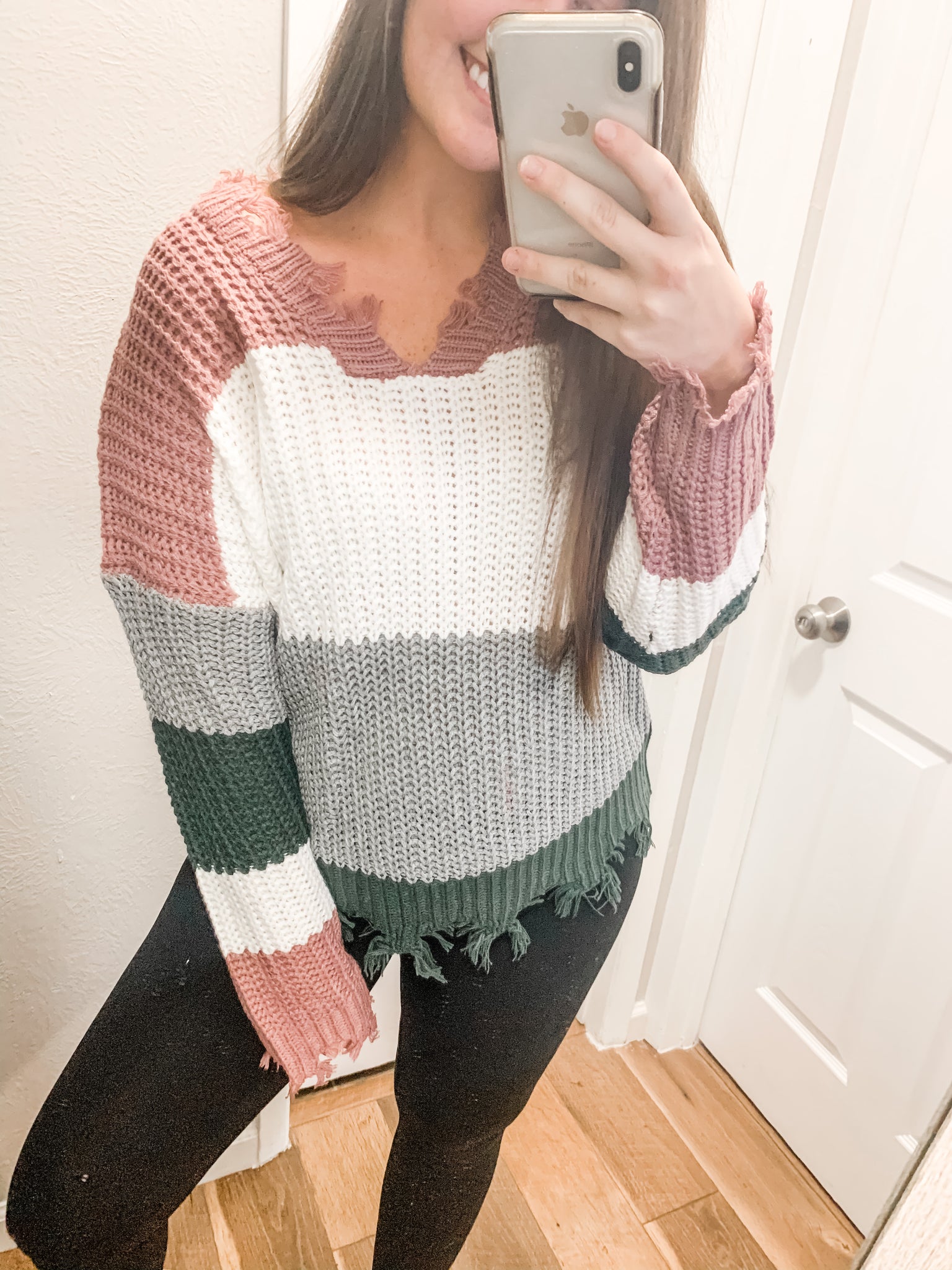 Distressed Color Block Sweater: Mauve
