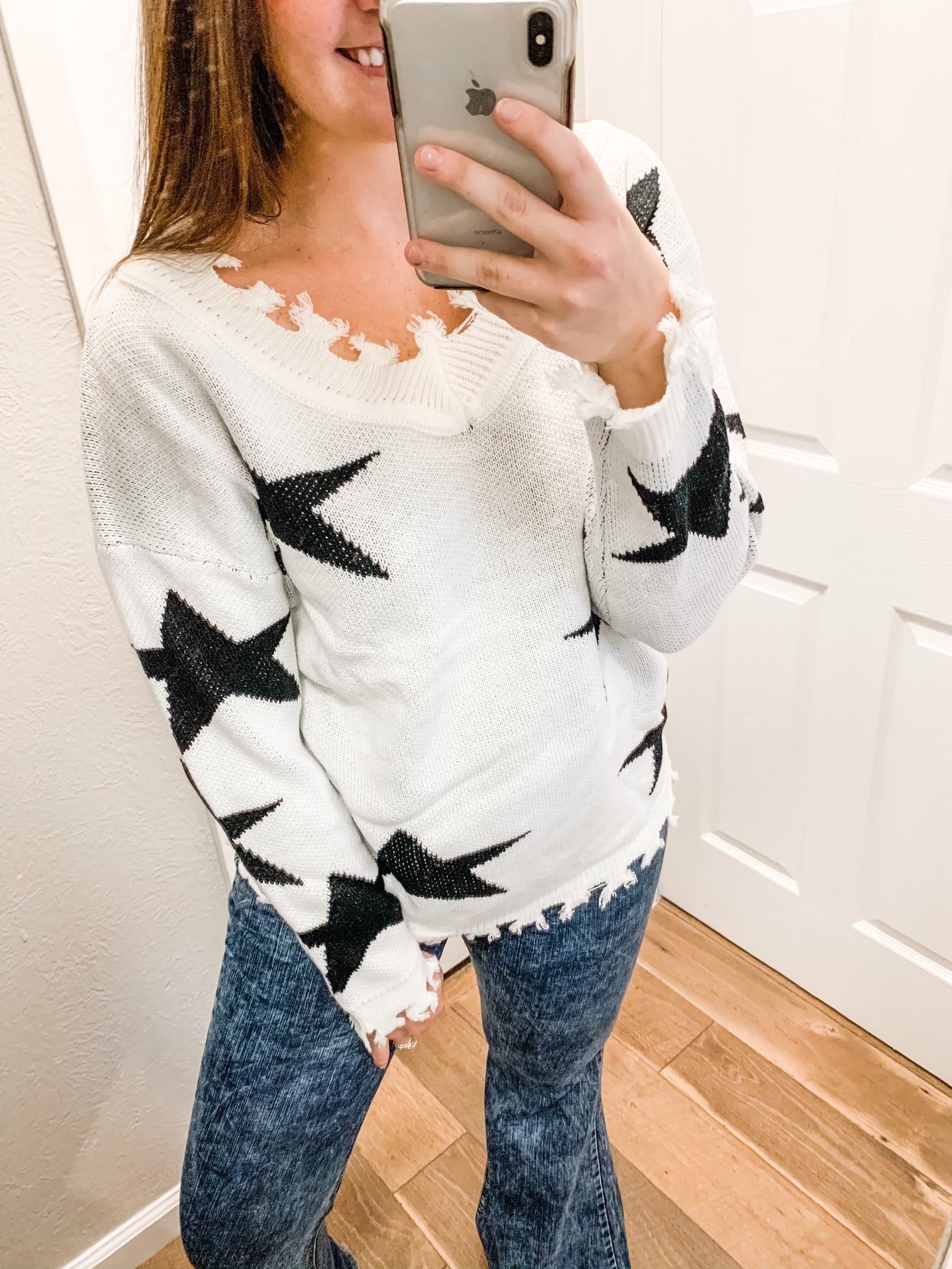 Star Distressed Color Block Sweater: Ivory