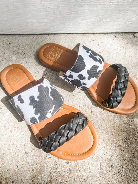 Sandy Toes Sandals: Cow Print