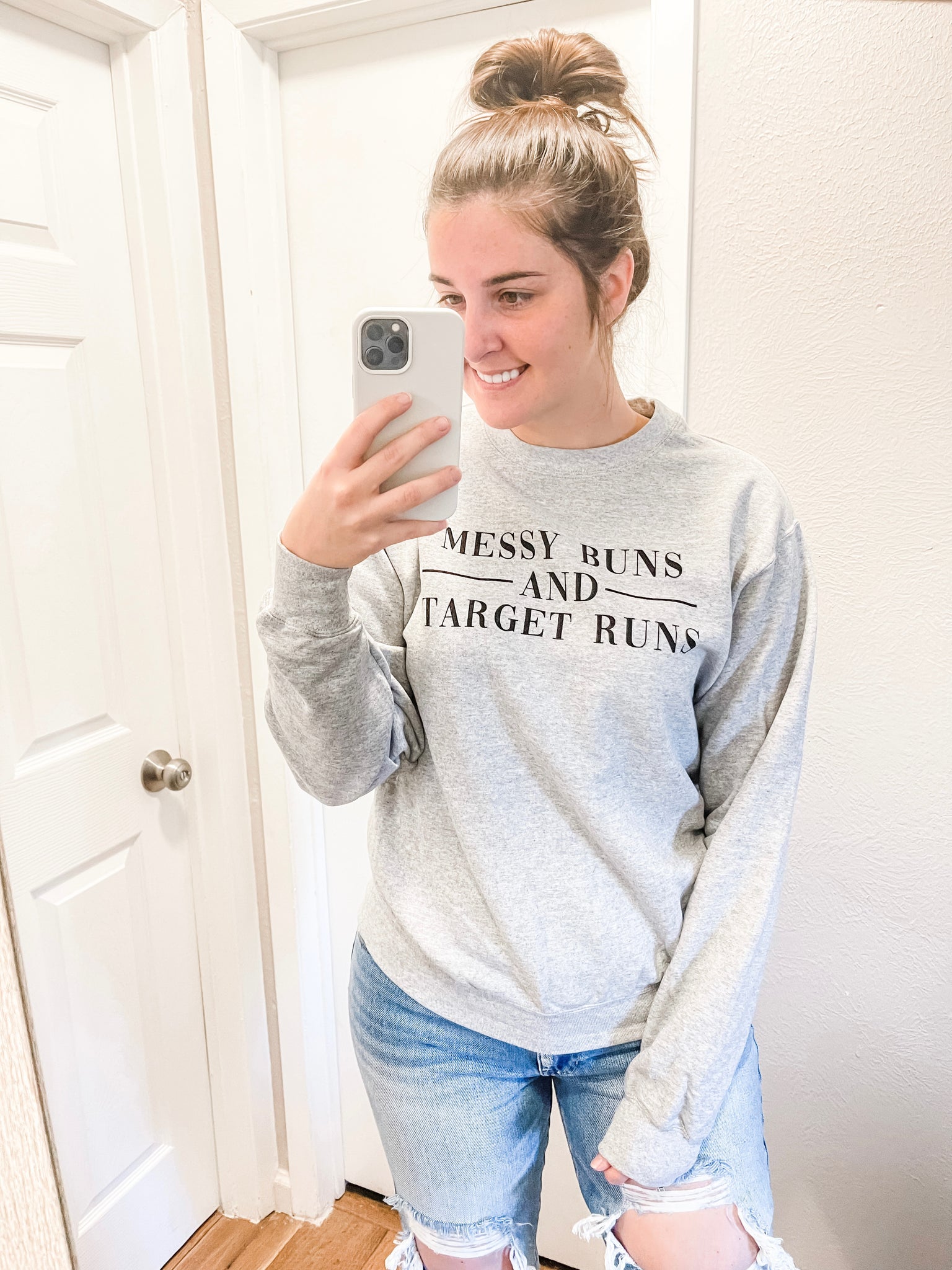 Messy Buns and Target Runs Sweatshirt: Heather Gray