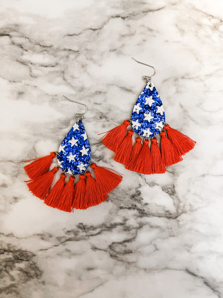 Patriotic Tassel Dangle Earrings: Blue