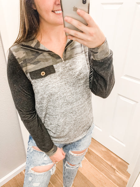Let's Leave Town Top: Camo/Gray